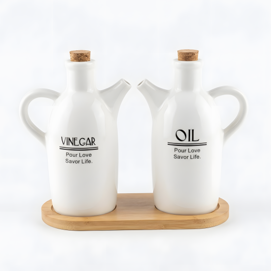 Porcelain Oil Dispenser Set 2 Pcs With Wooden Stand